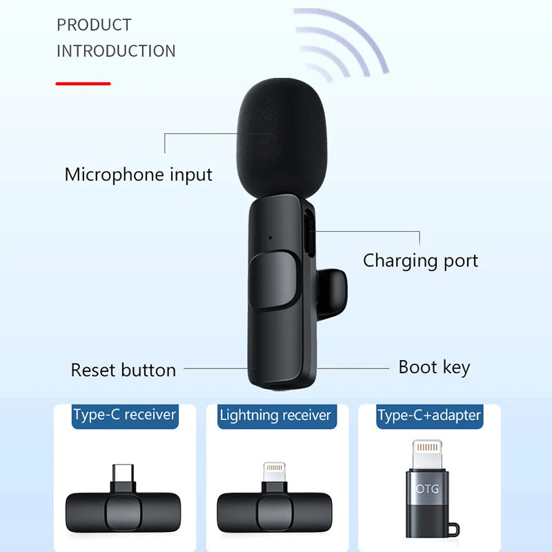 Microfone de lapela sem fio mini portátil gravação de áudio e vídeo